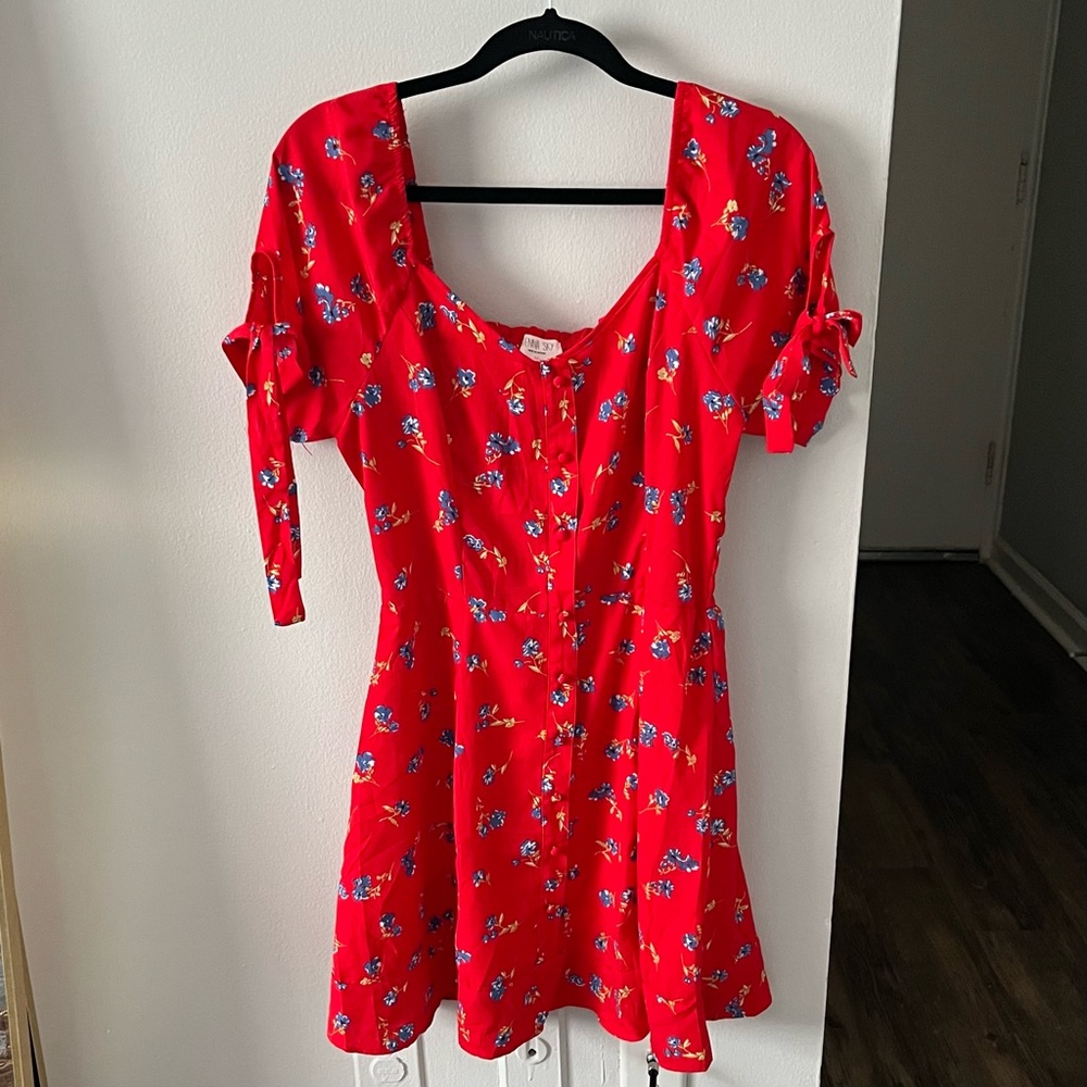 Red Dress with Blue Flower Pattern